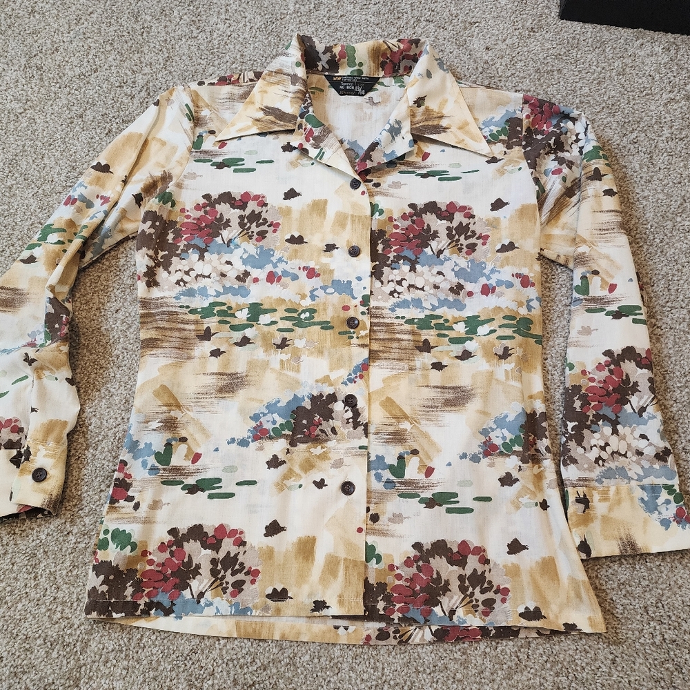 Vintage 1970s JcPenney Landscape MOD Color Floral Button Up Disco Shirt Boho M